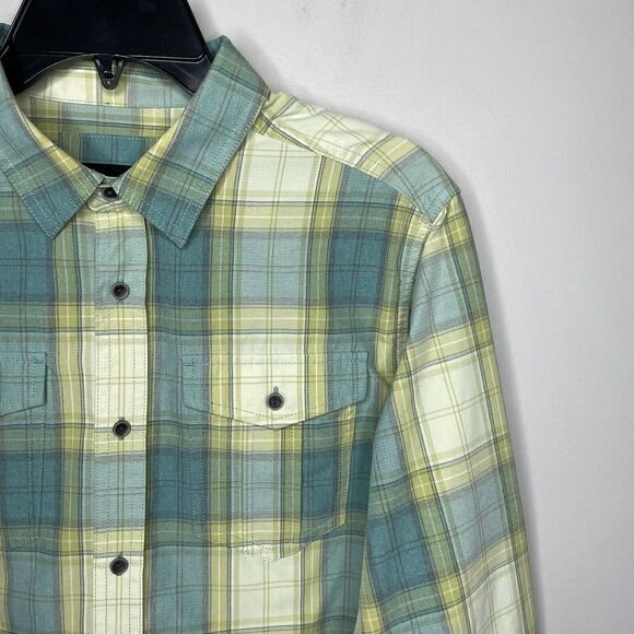 PRANA Shirt Mens Small S Green Yellow Plaid Button Up Long Sleeve Nylon Blend - Picture 2 of 9